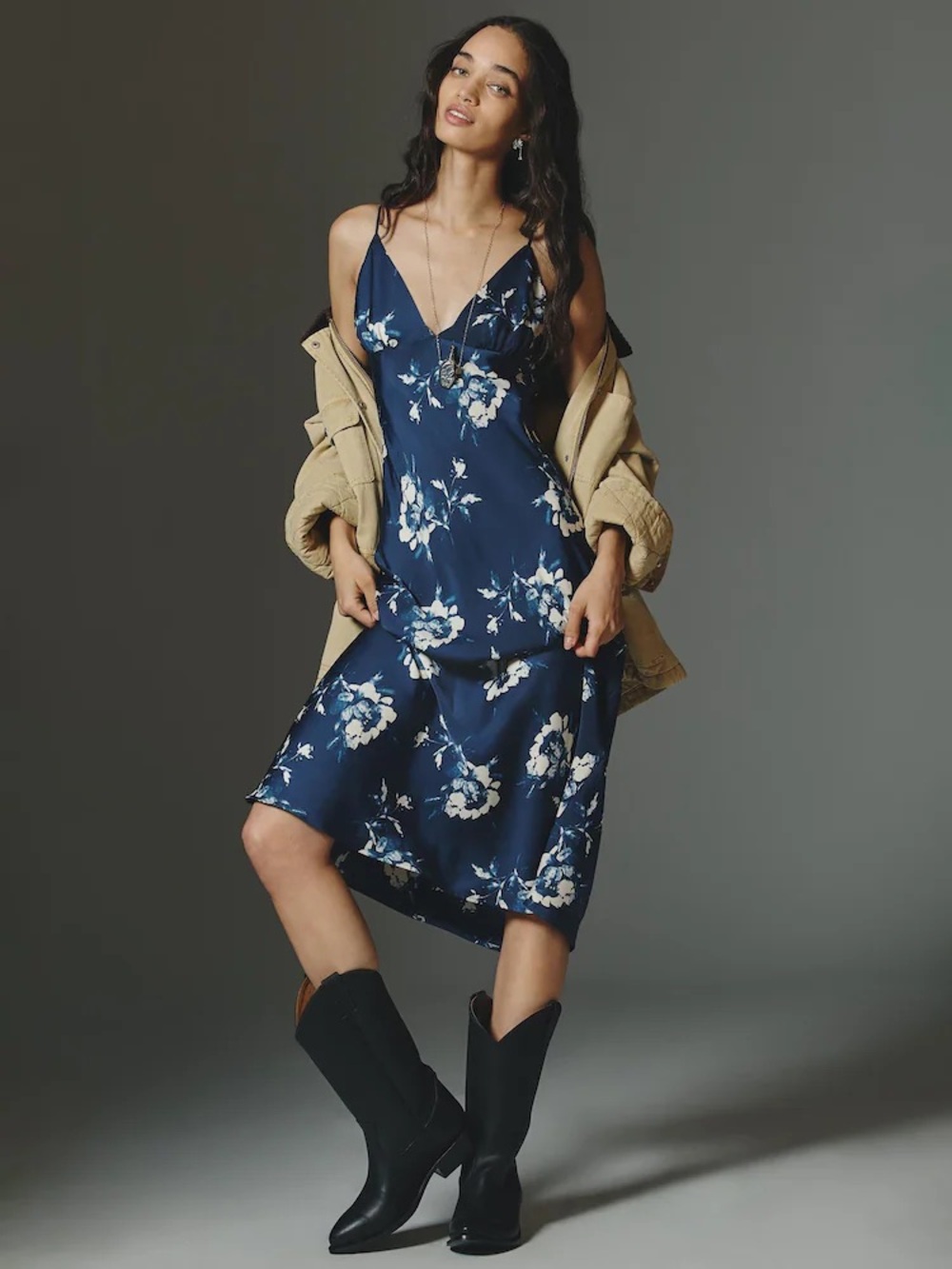 Anthropologie Blue Maeve Printed V-Neck A-Line Midi Dress
